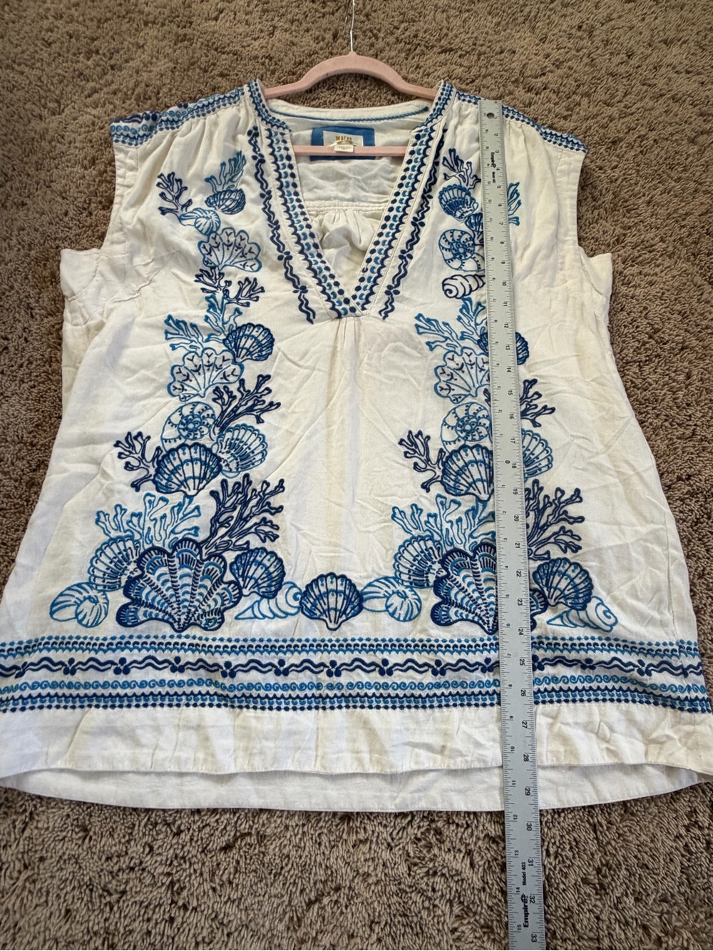 Anthropologie Maeve linen embroidered tunic dress medium white blue beach shells - Picture 8 of 17